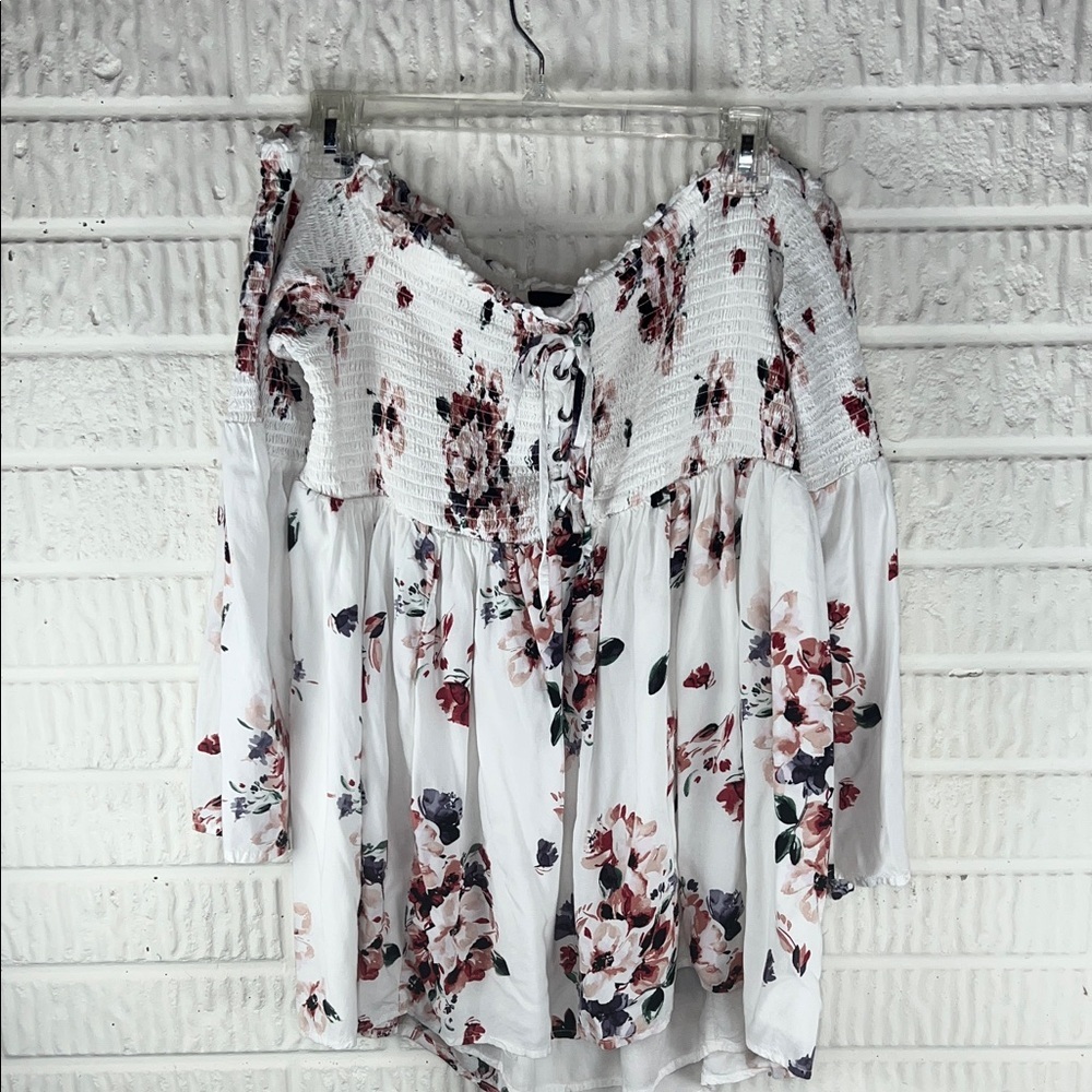 Torrid Boho Floral Off-Shoulder Peasant Top - White with Rose Print